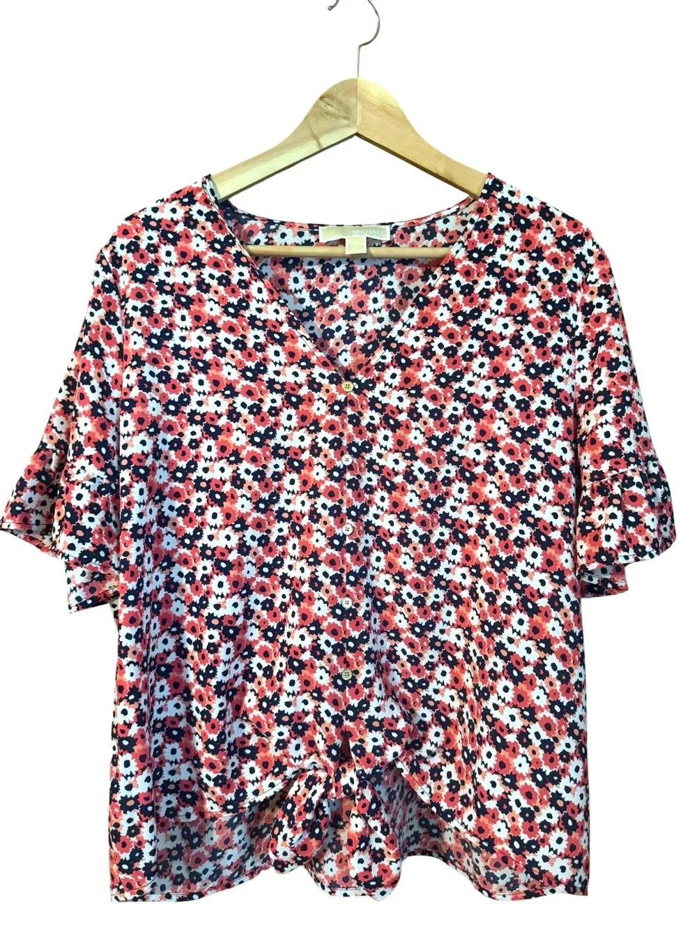 Michael Kors Floral Tie-Front V-Neck Ruffle SS Pink & Blue Blouse Top